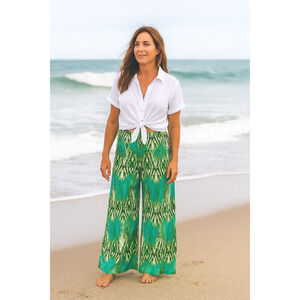 Patti Biggs Vintage‎ green Palazzo pull-on Pants M Hippie Boho Tropical tencel